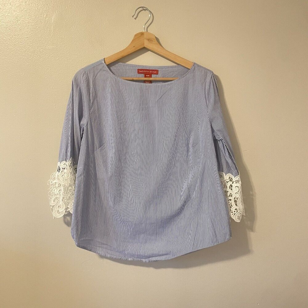 Saks Fifth Avenue Cotton Nautical Striped Lace Blouse Sz M